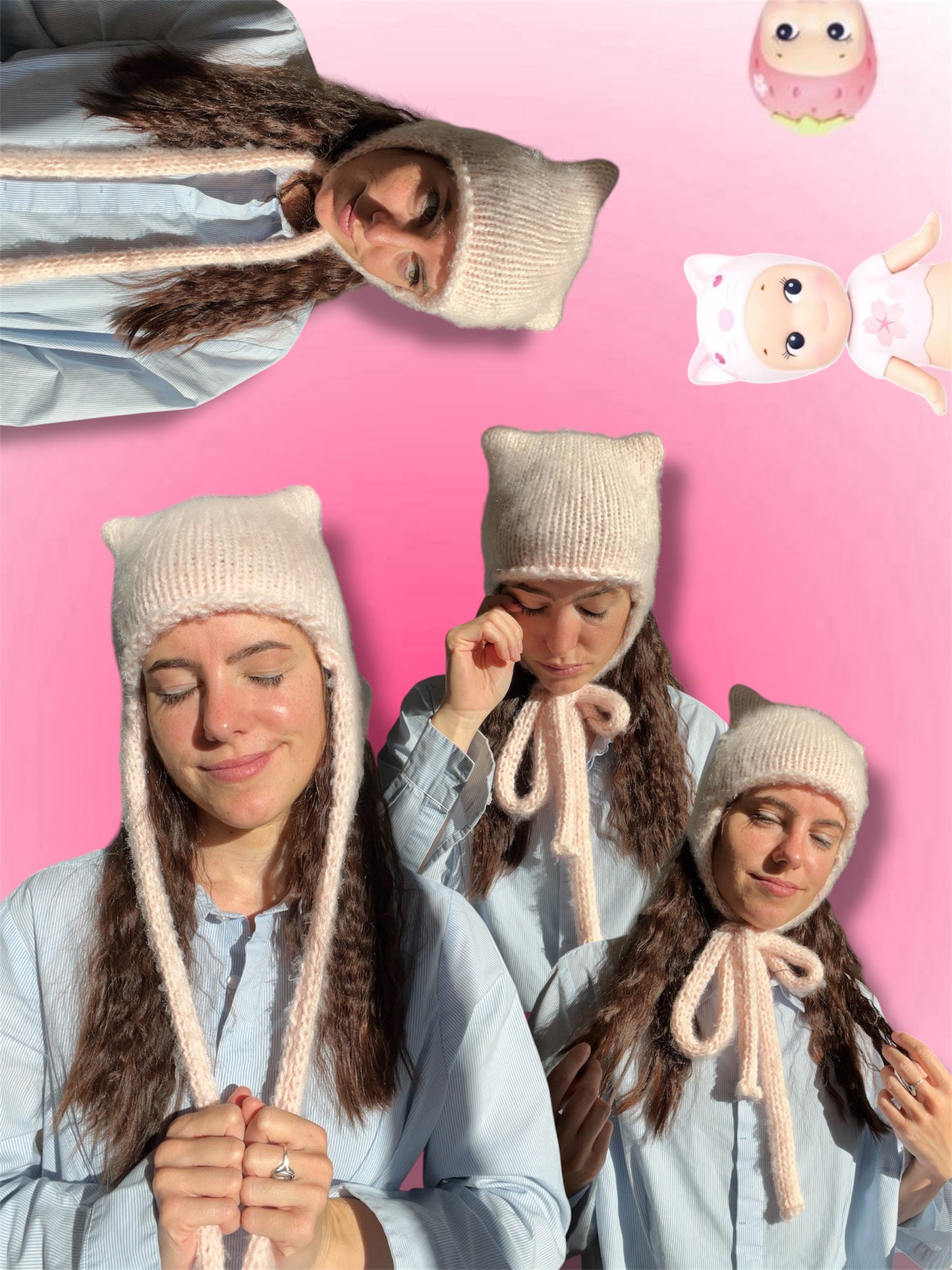 Chaperonus - Bonnet oreilles de chat en tricot mohair tendance et chic, beanie cat, rose