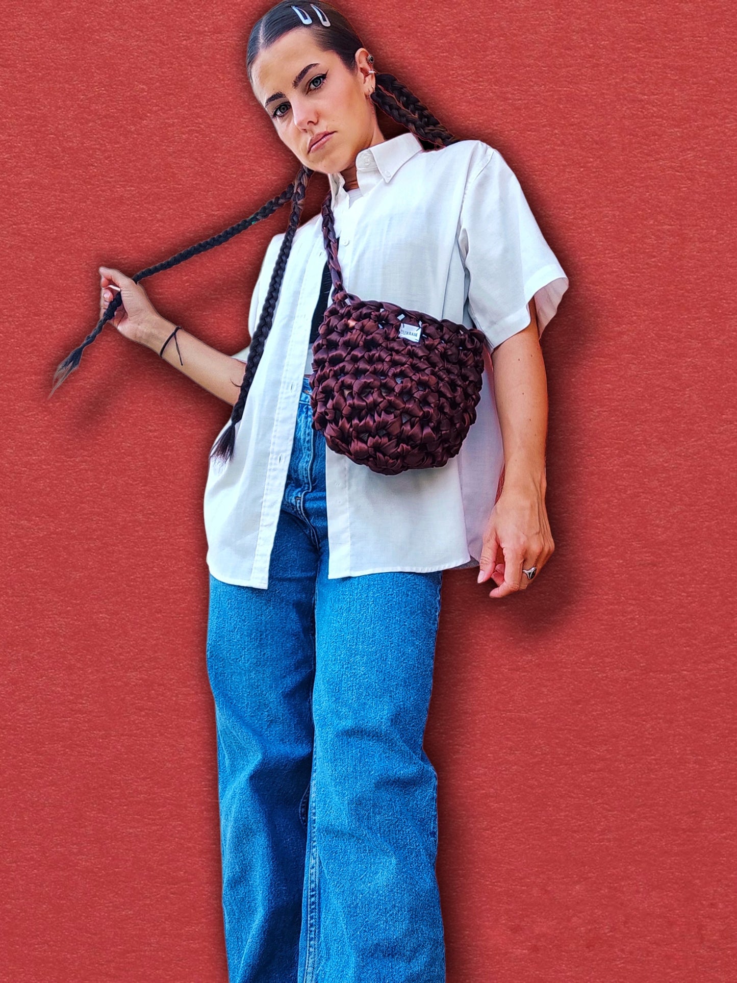 Chocolate Bag - Sac bandoulière satin en crochet tendance femme marron