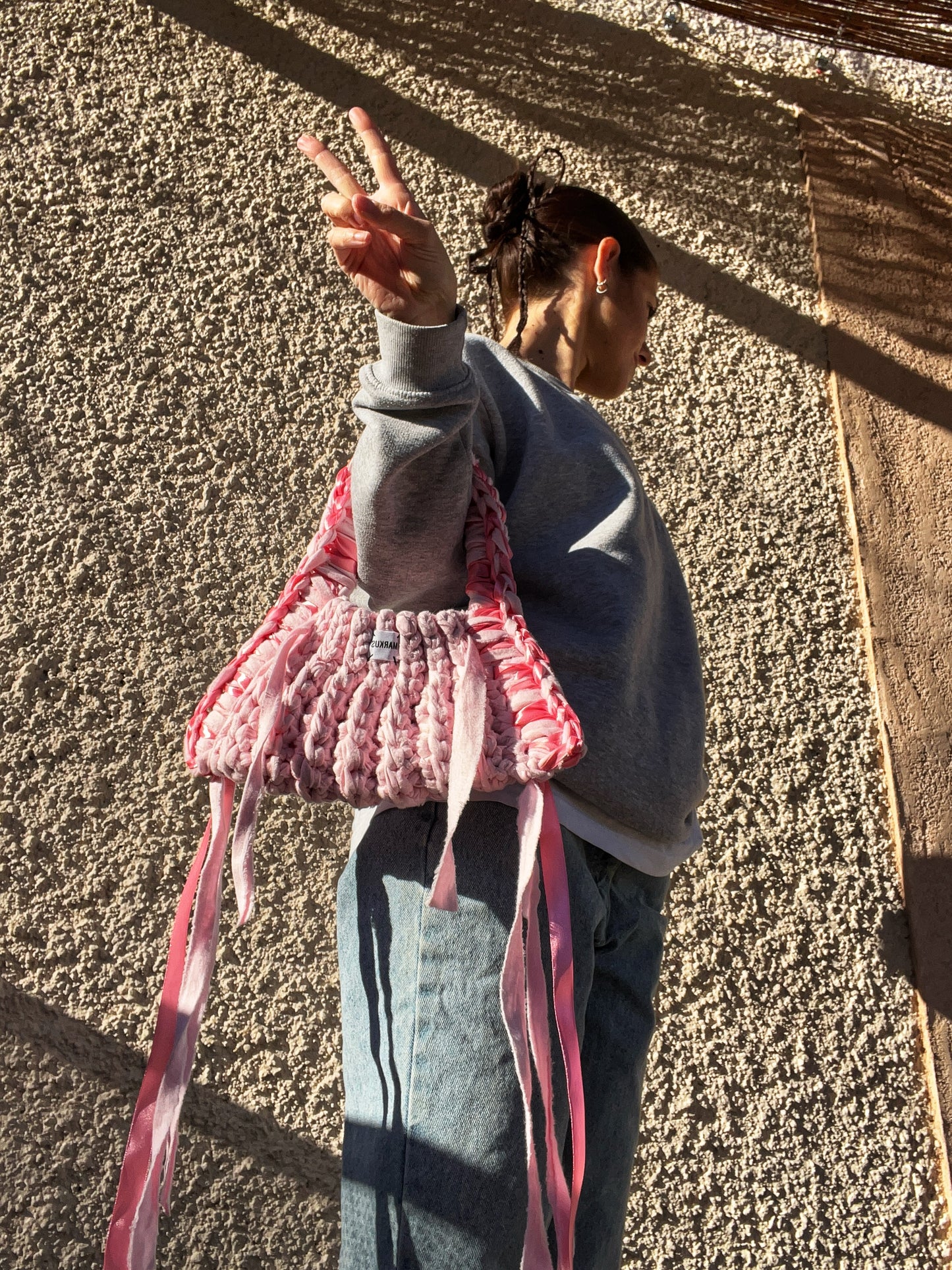 Cowgirl Bag - Sac à main crochet tendance avec lanières country nude t-shirt recyclés Markus chic élégant, rose avec détail ruban satiné