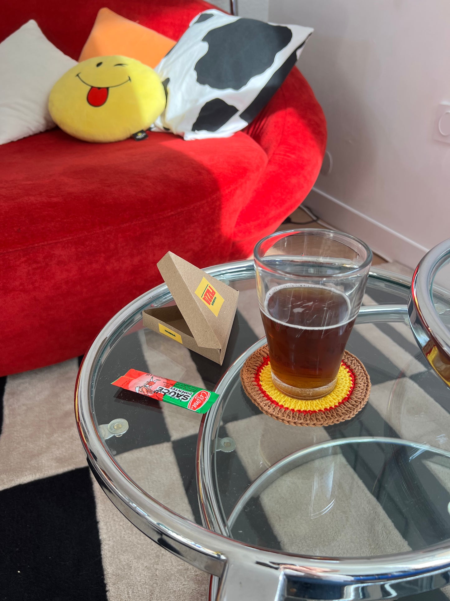 Pepperonus - Sous-verre en crochet en forme de pizza pepperoni avec boîte