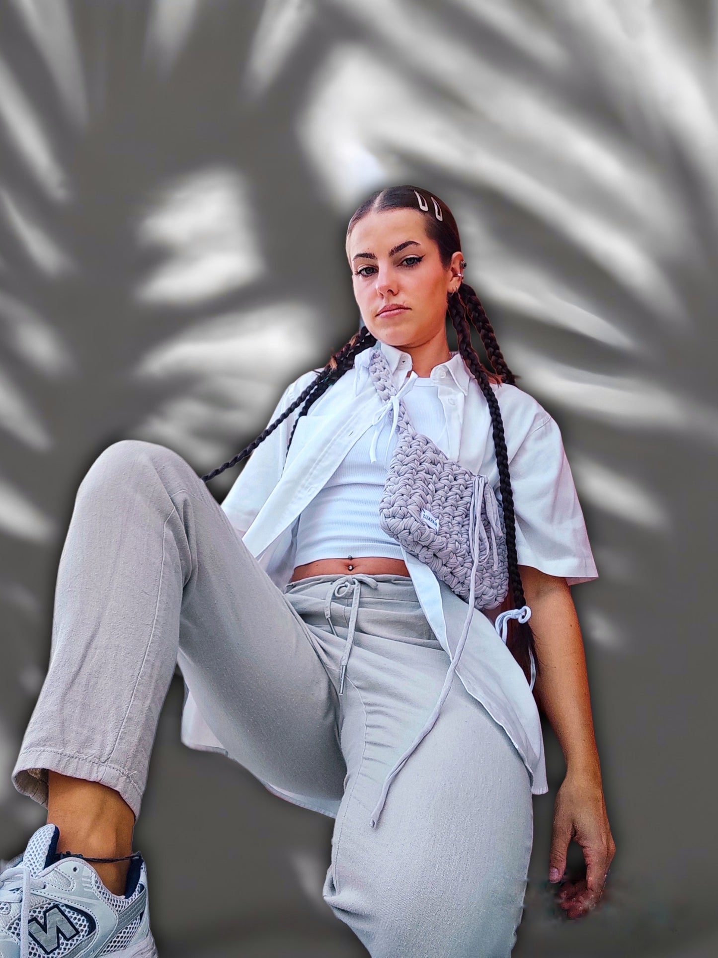 Nudy Bag - Sac bandoulière chic en crochet fils recyclés nude détail noeud femme