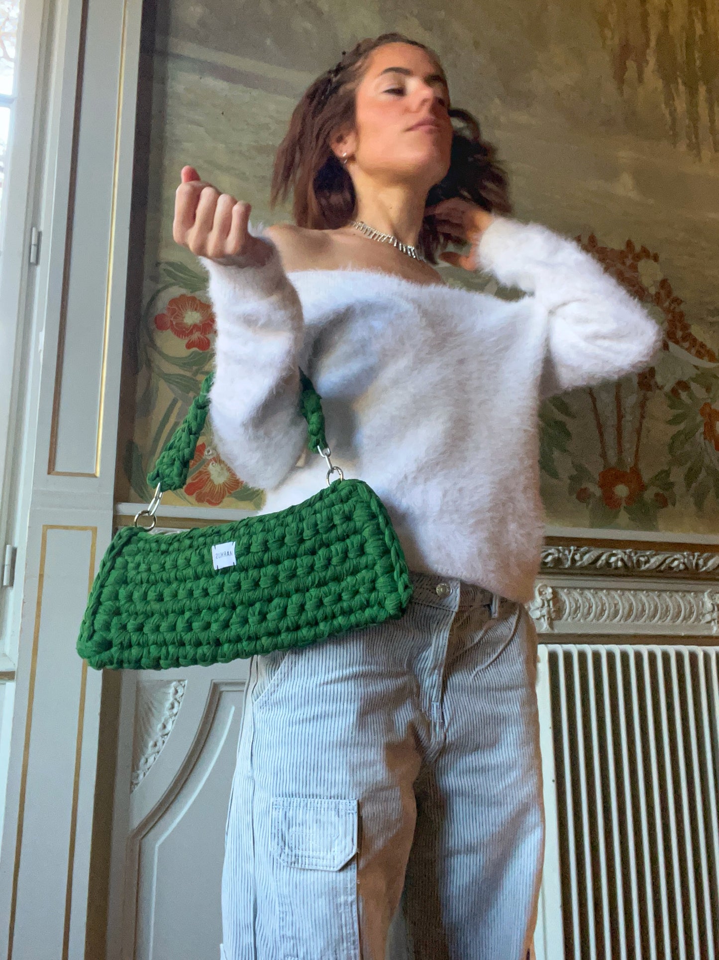 Pochettus – Sac crochet 2en1 fait main en fils t-shirt recyclés: sac à main et pochette vert lacoste