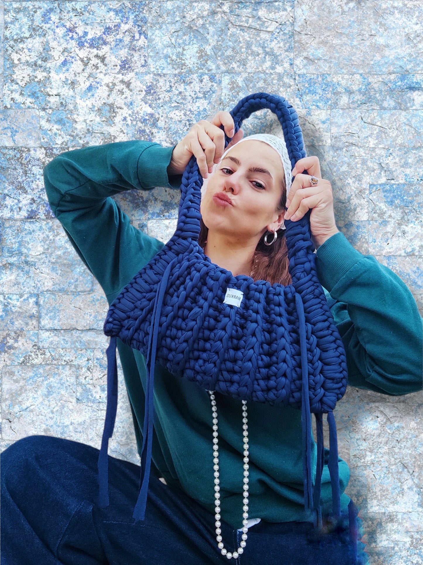 Ranch Bag - Sac à main crochet tendance avec lanières, style country bleu marine en fils t-shirt recyclé chic et élégant, Markus