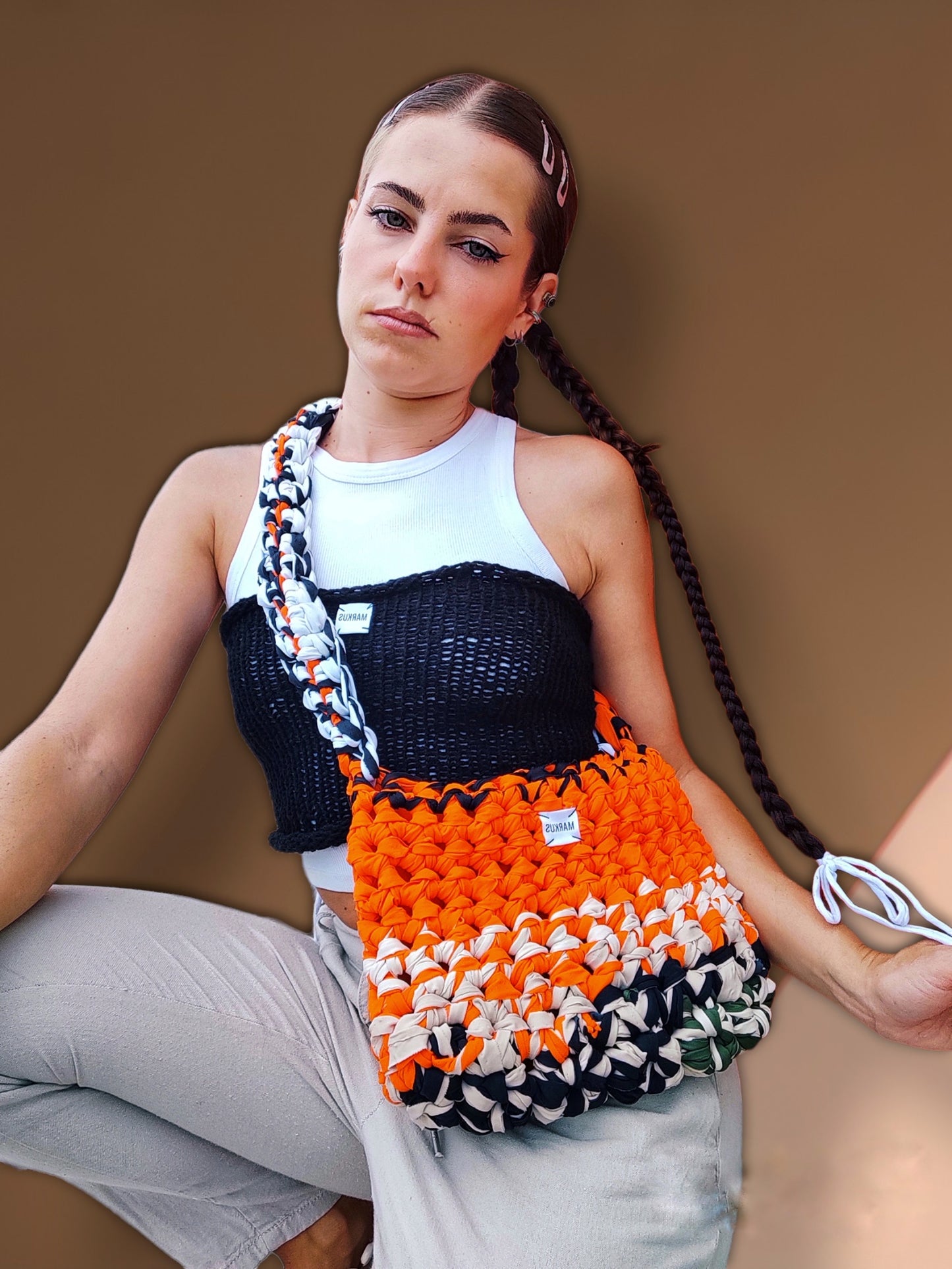 Undizz Bag - Sac à bandoulière tendance crocheté fils recyclés femme fait main orange nude noir kaki blanc