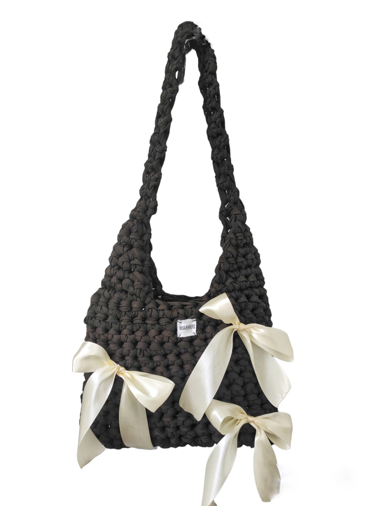 Bow Bag - Sac bandoulière en crochet fils t-shirt recyclés et nœuds satin