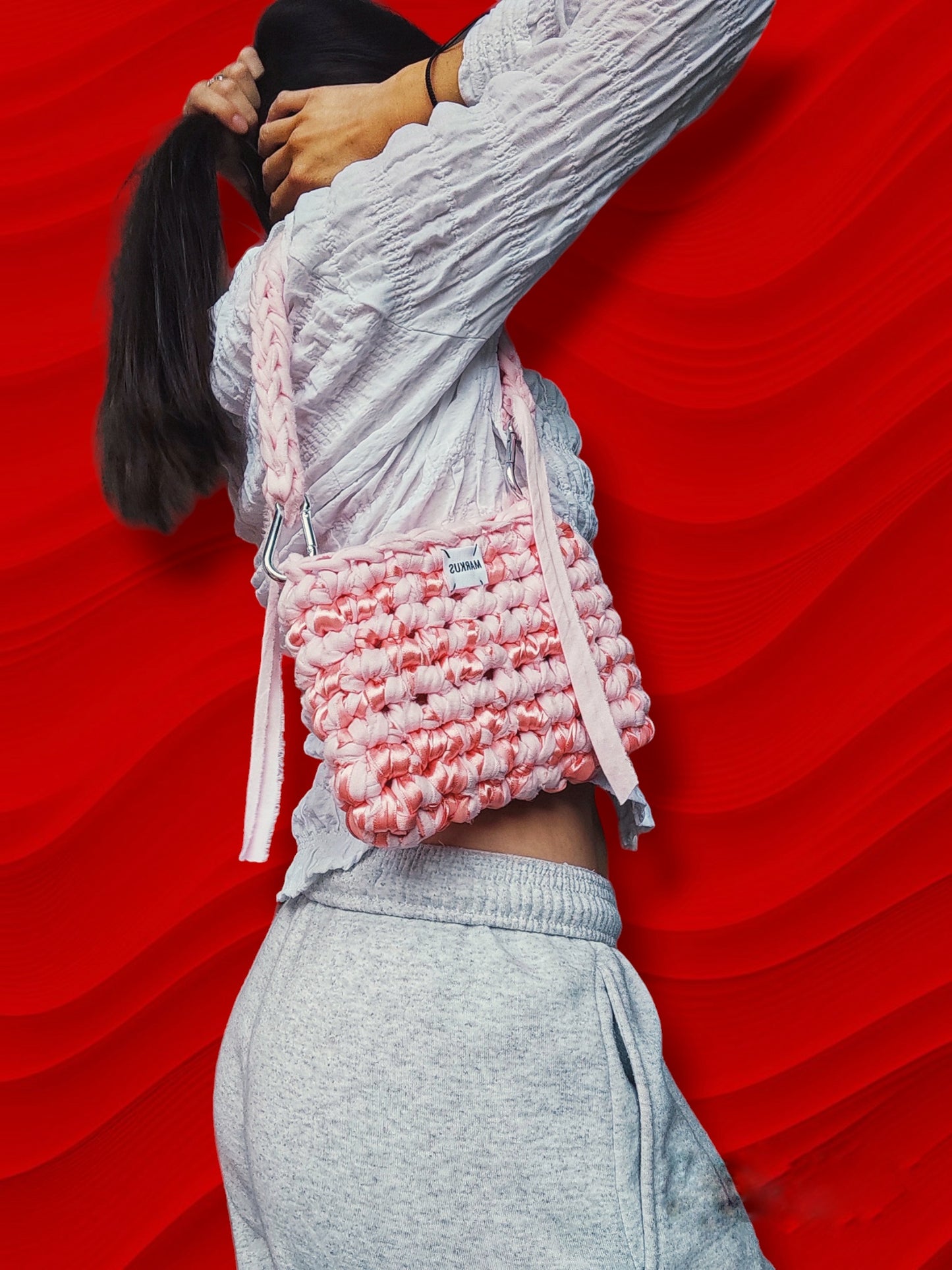 Agua Bag - Sac à main rose tendance ruban satin crochet fait main chic détails mousqueton