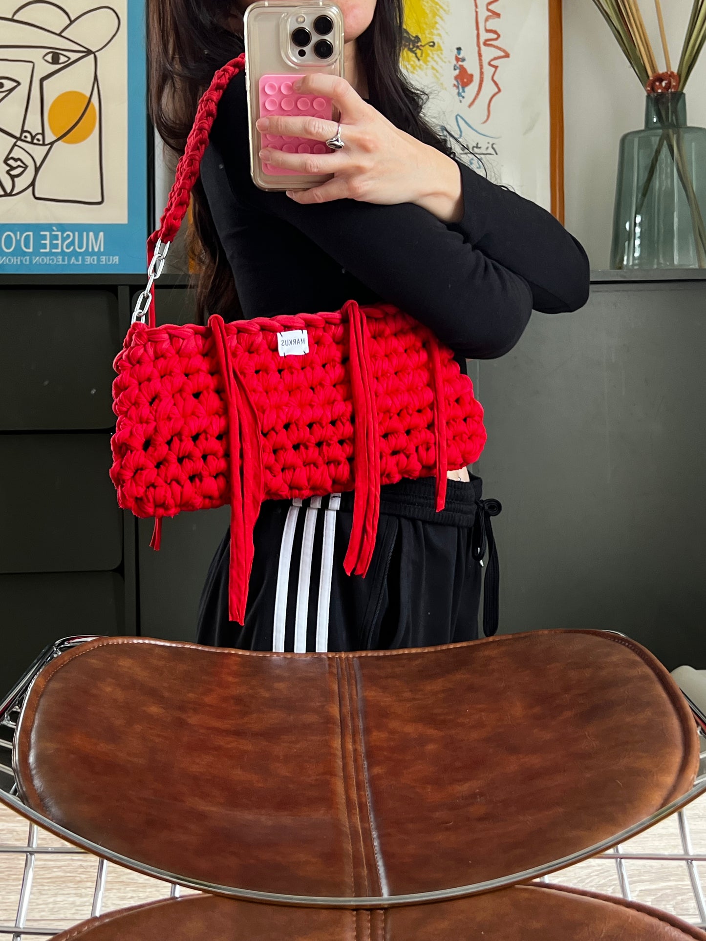 Chainus - Sac à main crochet avec détails chaînes imprimés rouge recycled t shirt