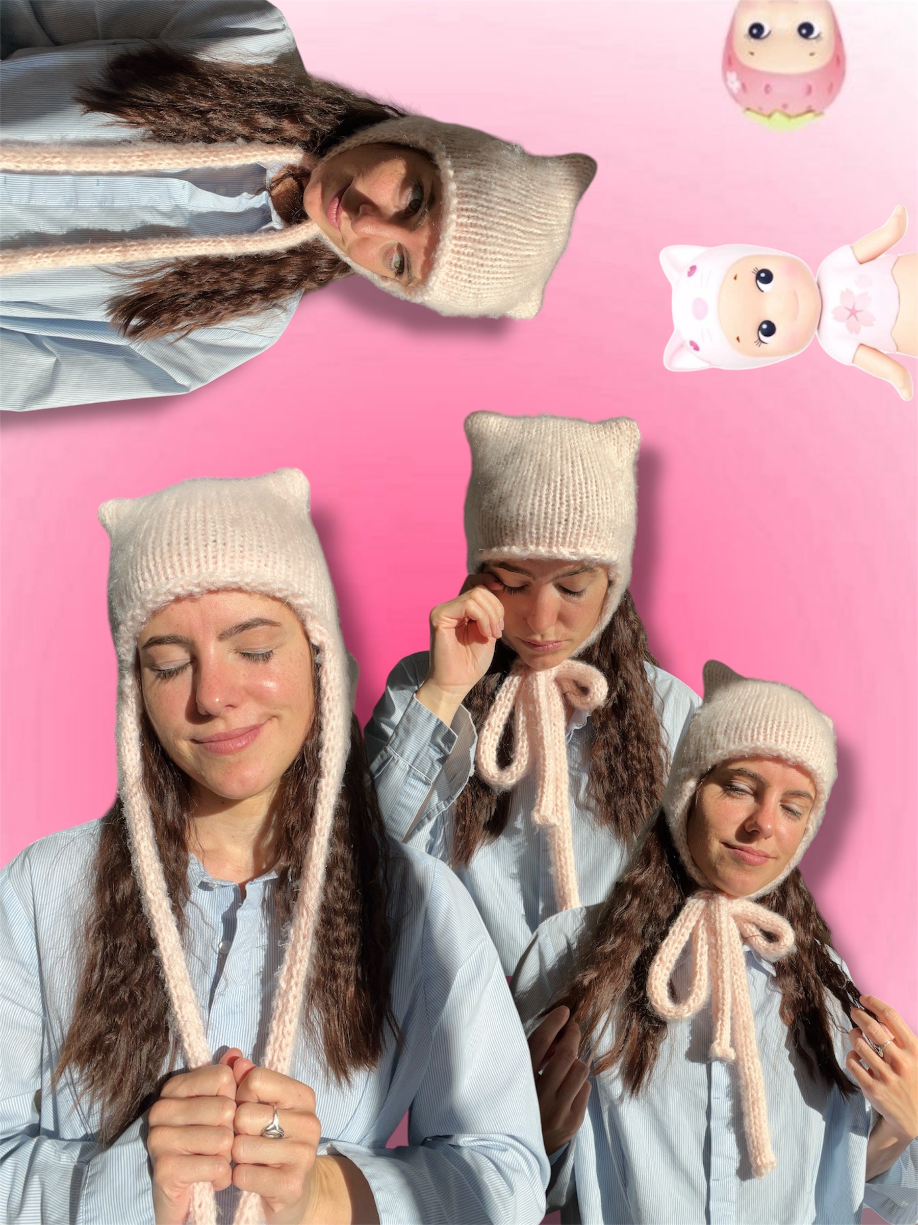 Chaperonus - Bonnet oreilles de chat en tricot mohair tendance et chic, beanie cat, rose