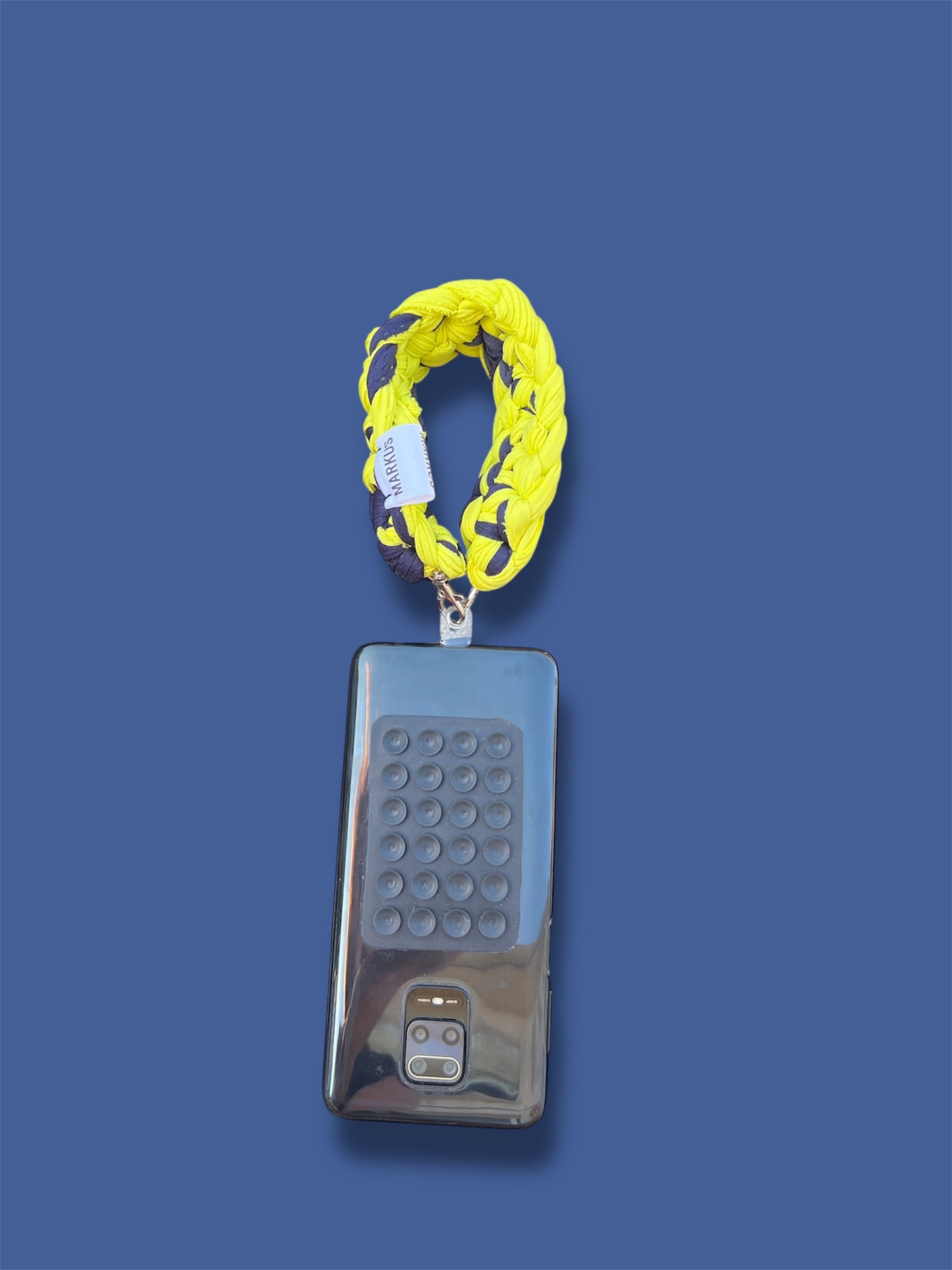 Dragonus - Cordon bracelet pour téléphone au crochet jaune et bleu fait main