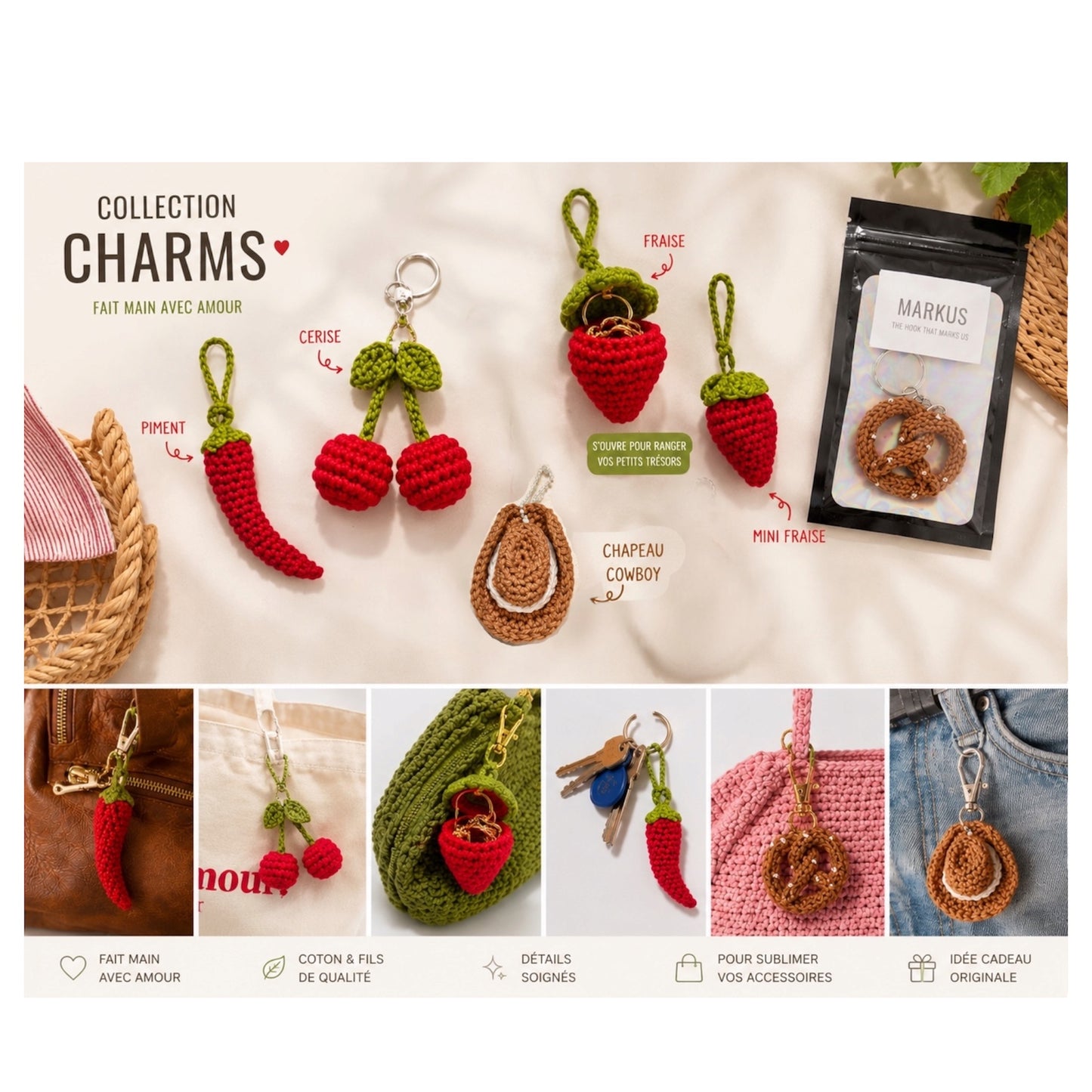 Bar à Charms en Crochet – Bijoux de Sac, Porte-Clés et Accessoires Faits Main