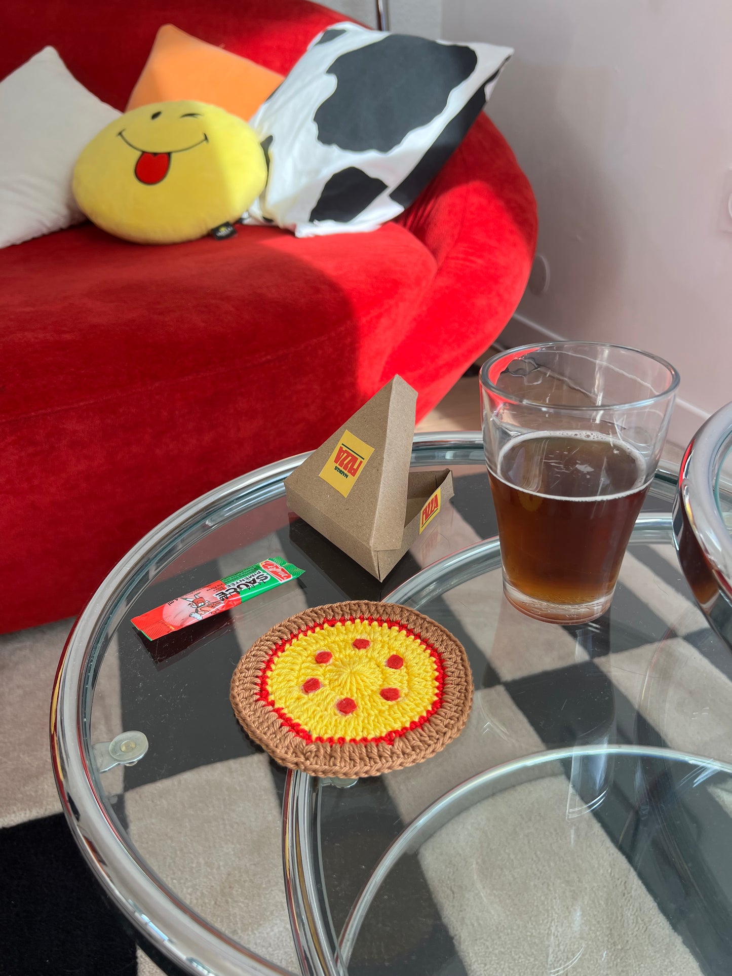 Pepperonus - Sous-verre en crochet en forme de pizza pepperoni avec boîte