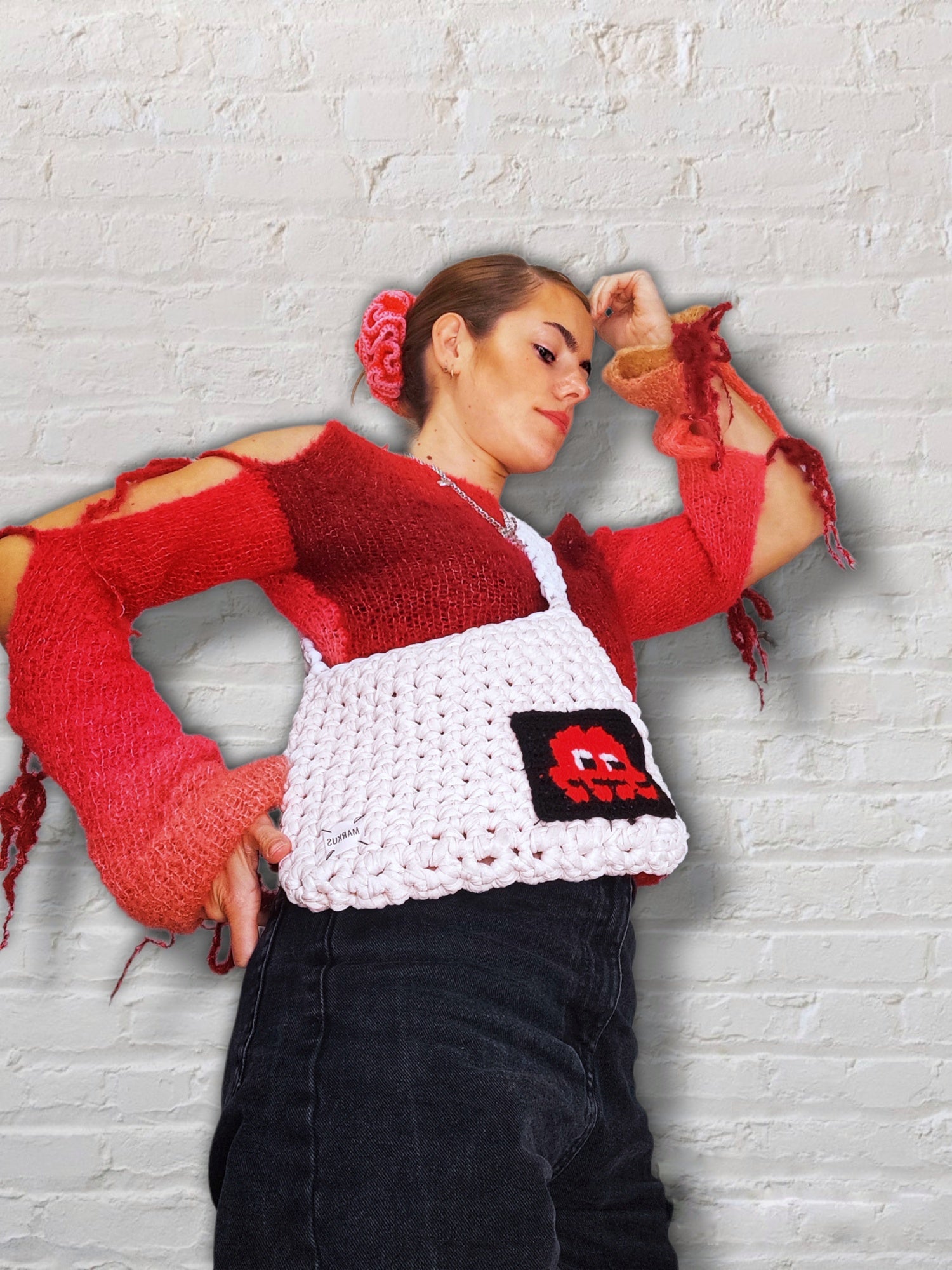Invader Bag - Markus - Sac bandoulière crochet en fils t-shirt recyclé tendance et chic, crème, avec patchwork
