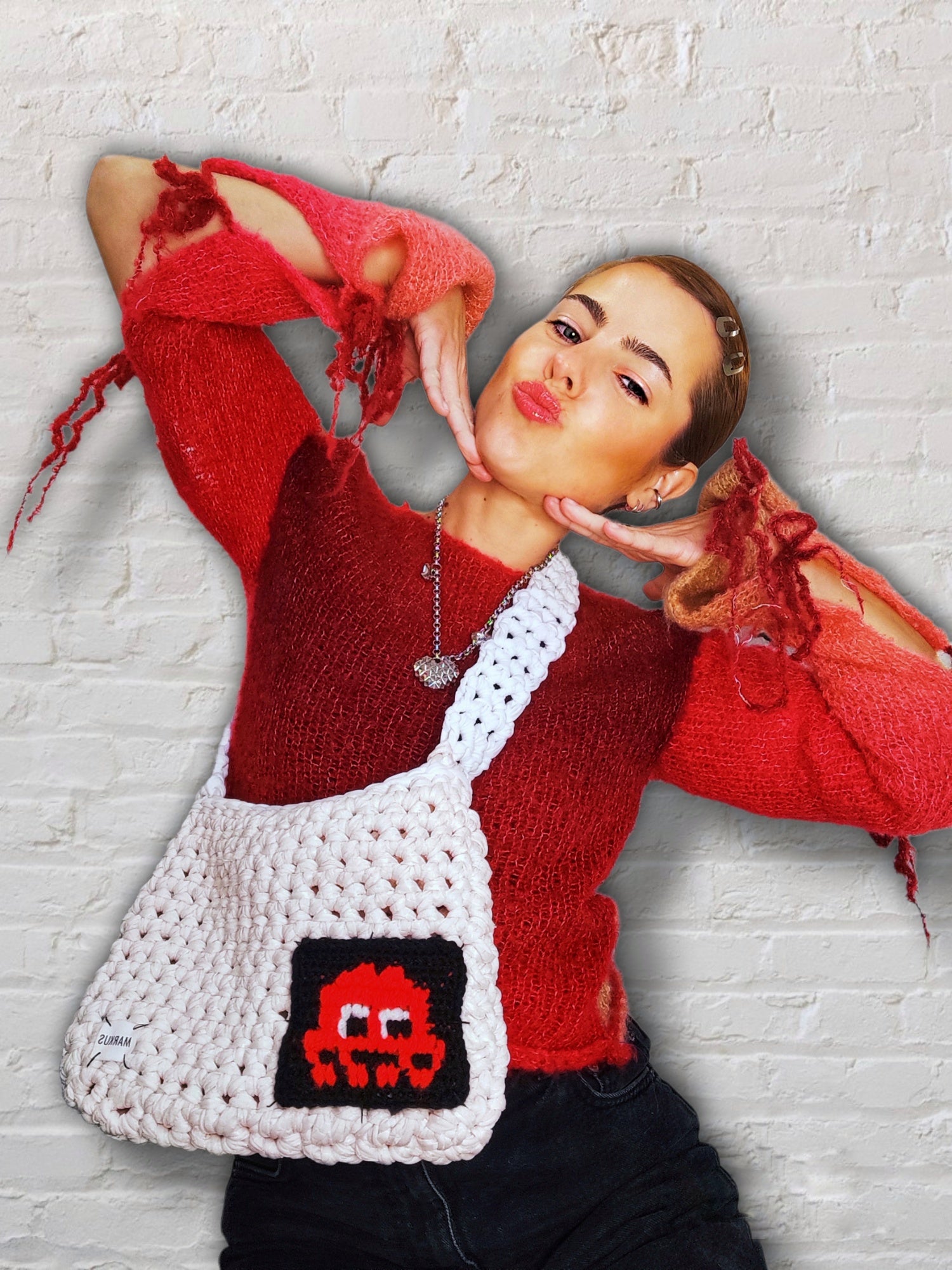 Invader Bag - Sac bandoulière crochet en fils t-shirt recyclé tendance et chic, crème