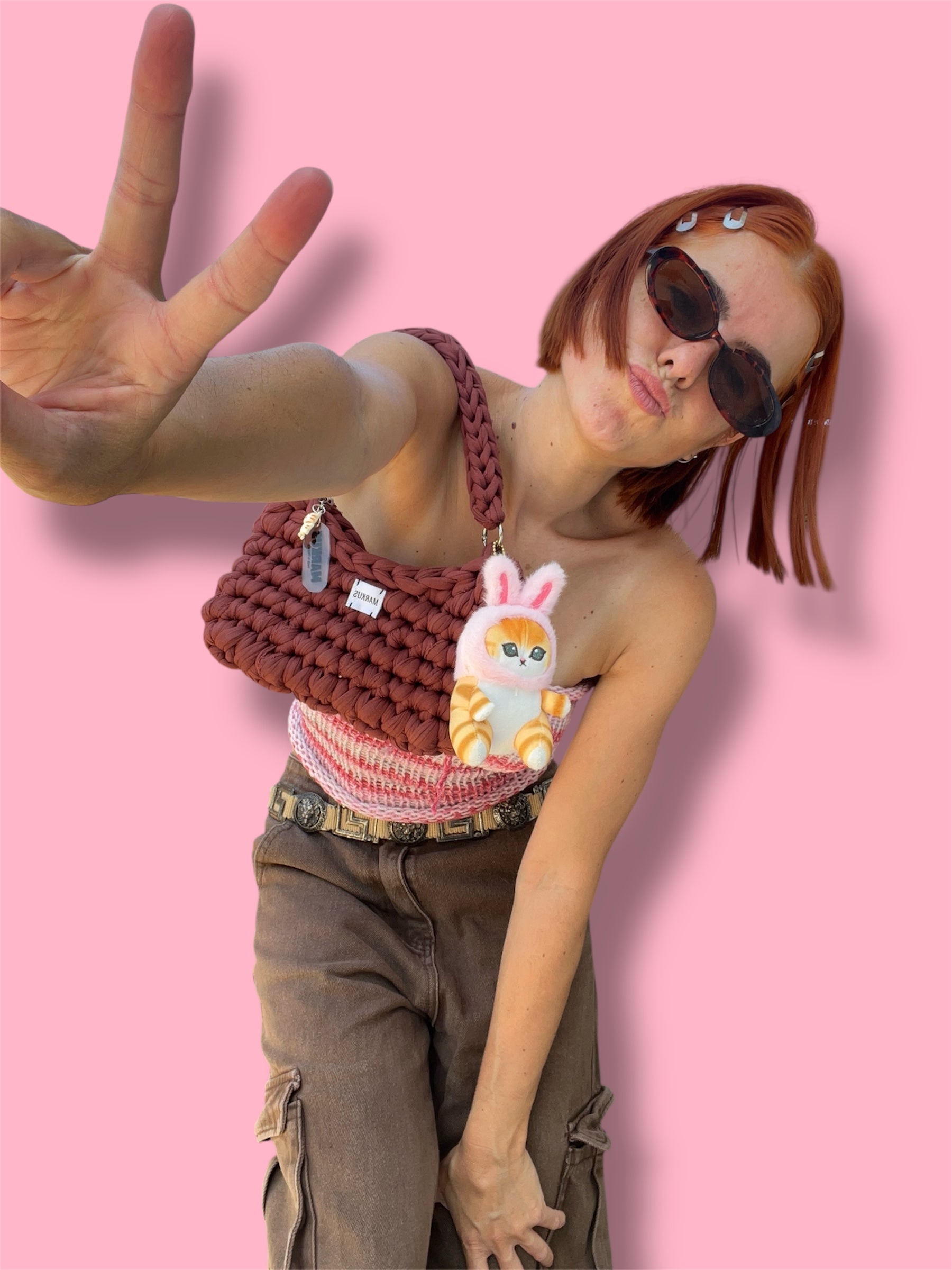Kawaiinus Bag - Mini sac à main style Kawaii marron en crochet avec charms