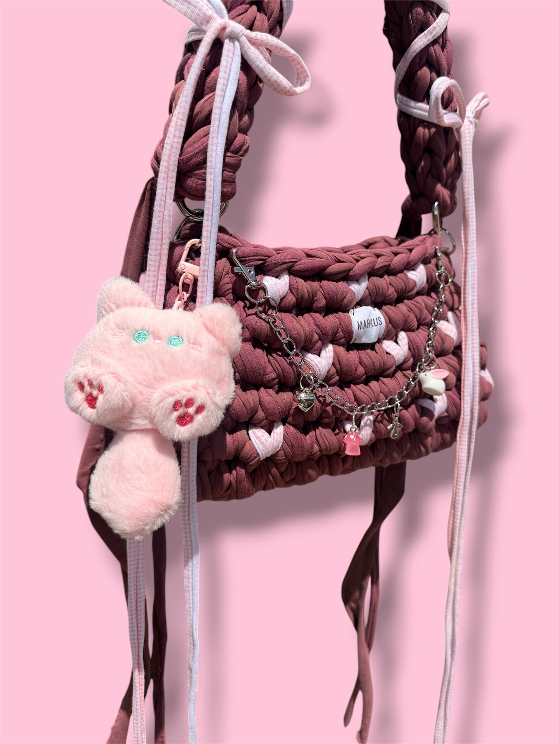 Kawaiinus Bag – Mini sac à main lie de vin crocheté à la main tendance avec charms