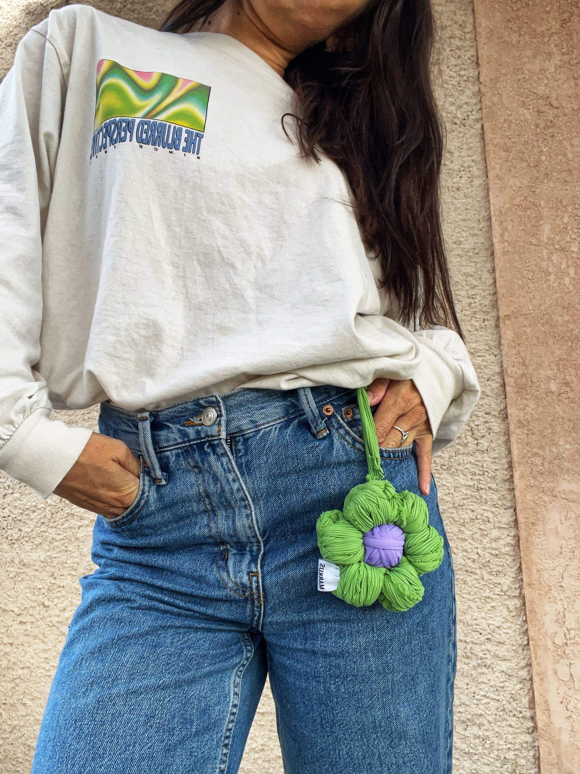 Margueritus - Porte clés Fleur en crochet vert matcha et lila