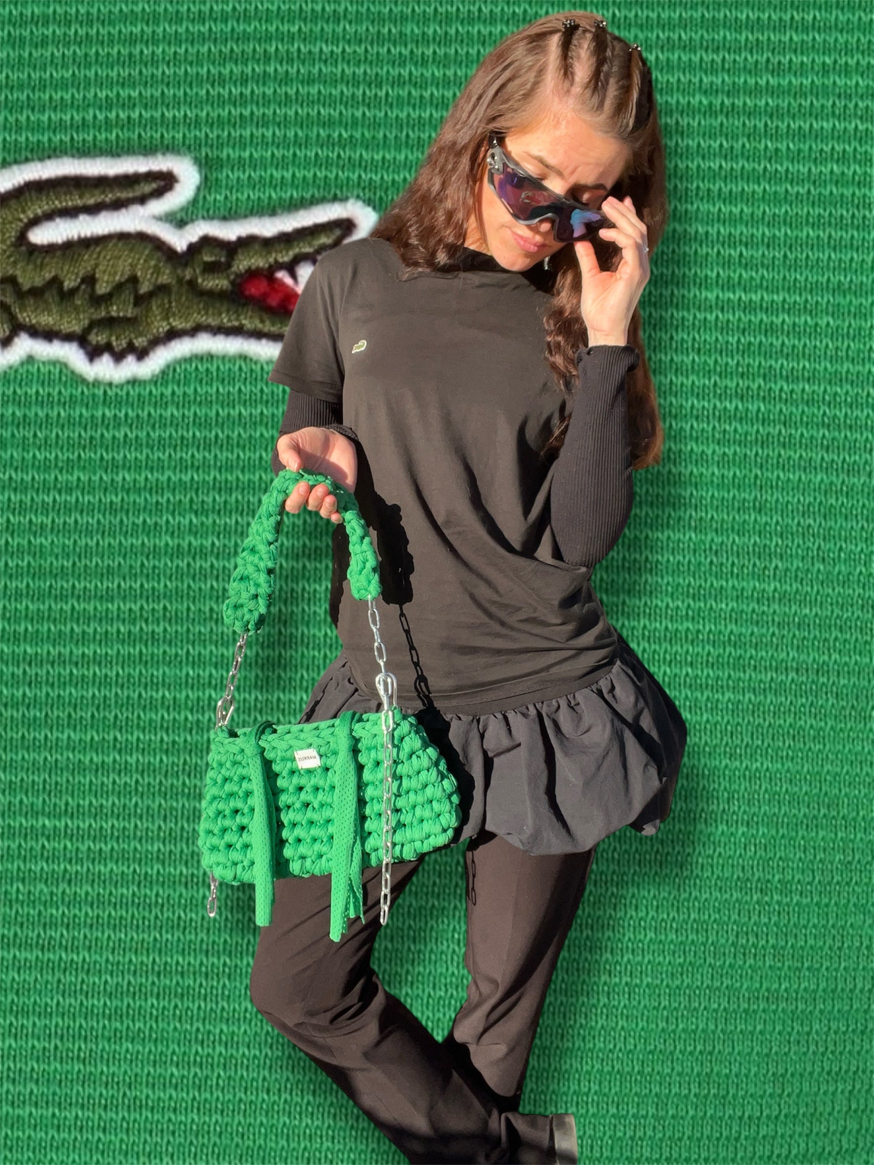 Markus crochet · Produits · Lal’kus Bag - Sac à main crochet lacoste vert avec chaînes et mousquetons, réglable