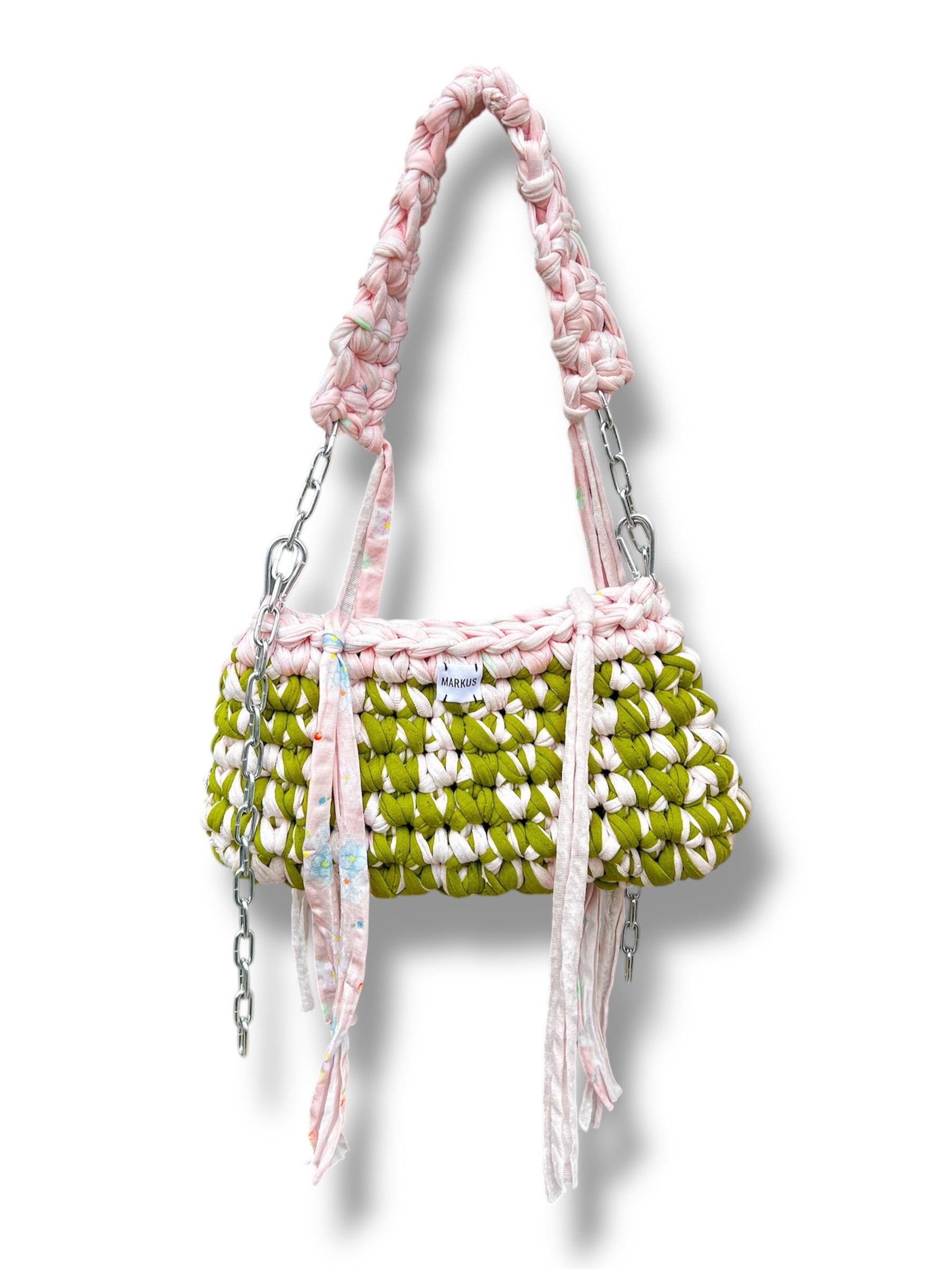 Markus crochet · Produits · Lal’kus Bag - Sac à main crochet vert matcha et rose pastel avec chaînes 2 en 1: bandoulière et sac à main