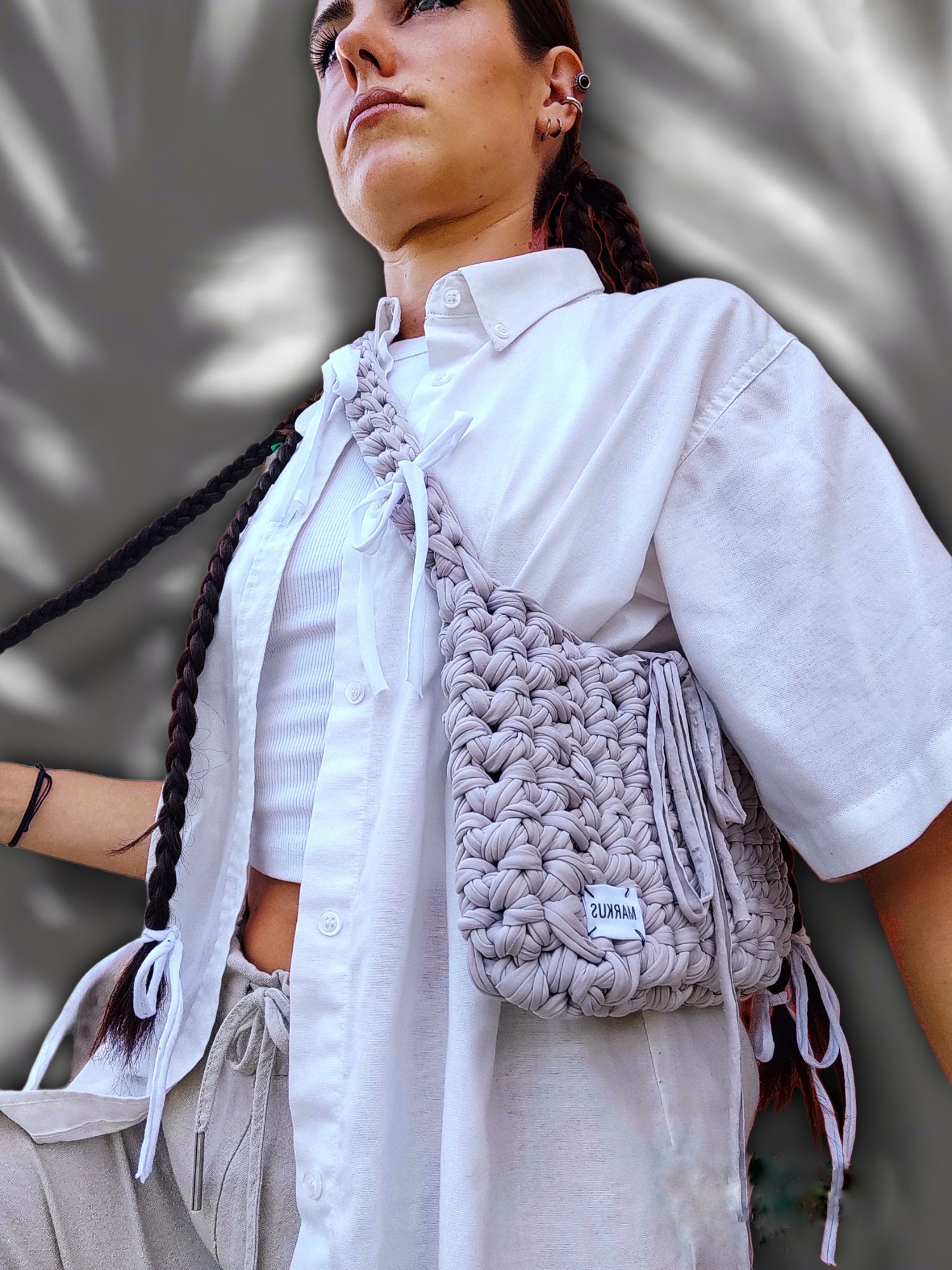 Nudy Bag - Sac bandoulière tendance en crochet fils recyclés nude détail noeud