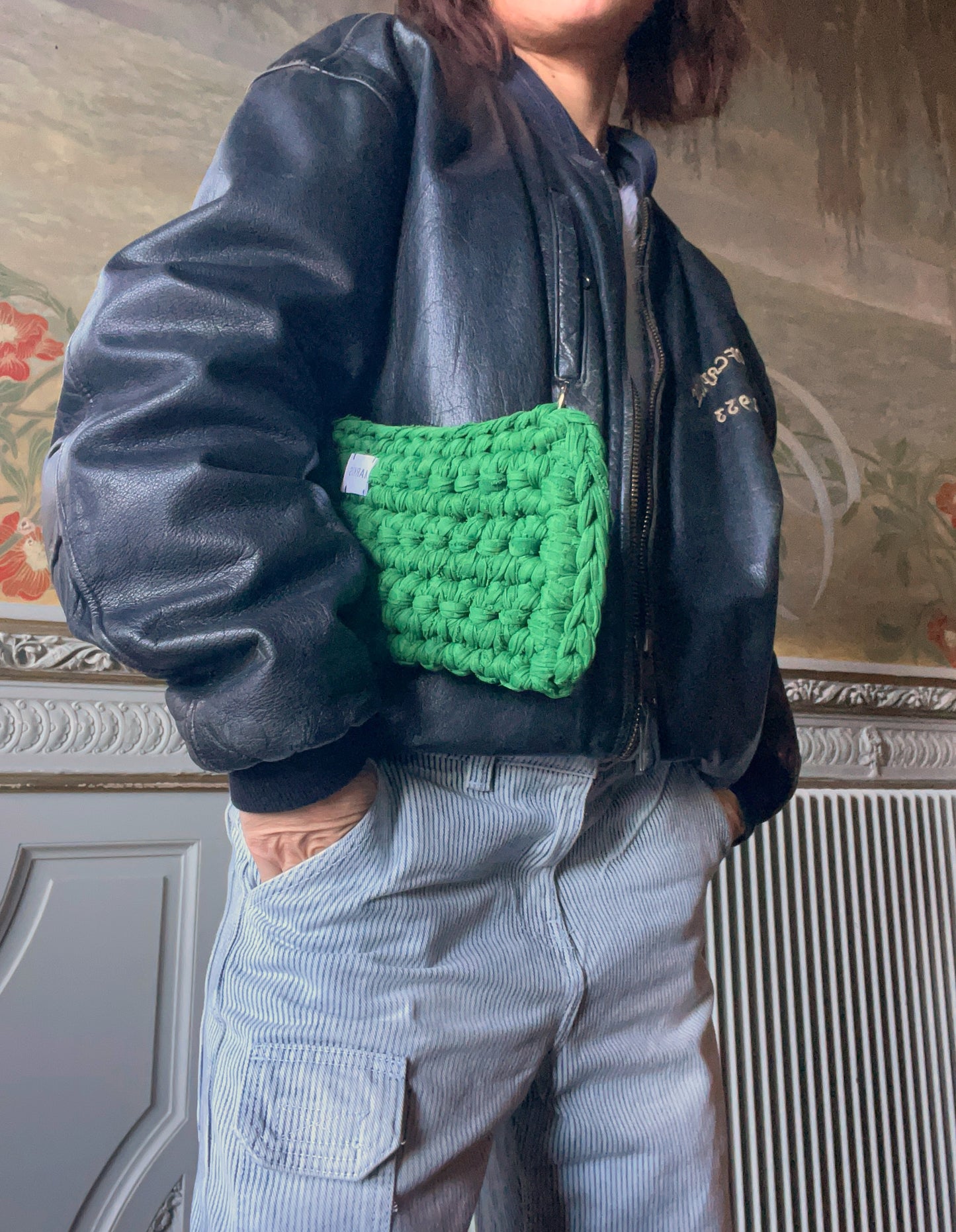 Pochettus – Sac crochet 2en1 fait main en fils t-shirt recyclés vert lacoste