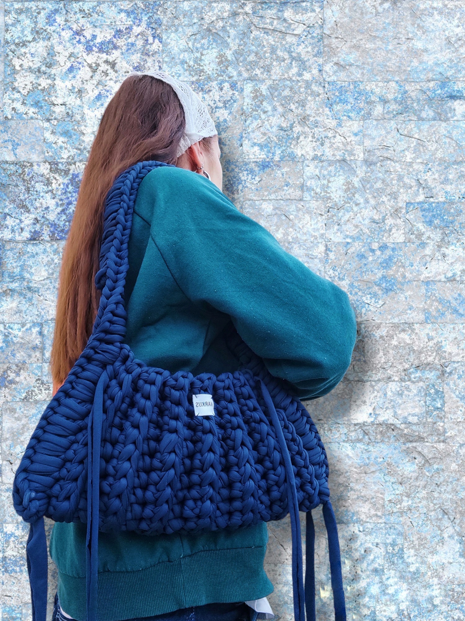 Ranch Bag - Sac à main crochet tendance avec lanières, style country bleu marine en fils t-shirt recyclés chic Markus