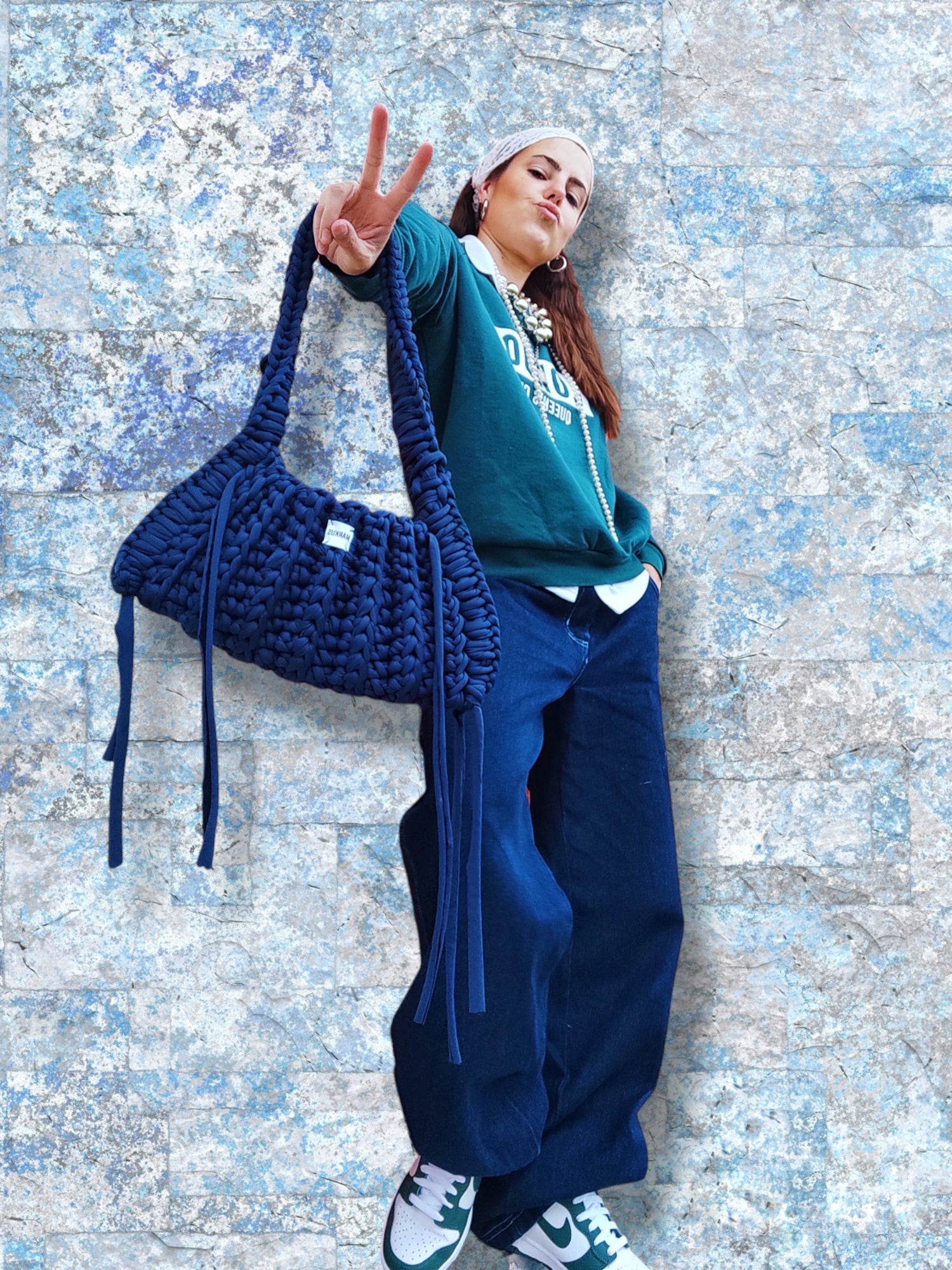 Ranch Bag - Sac à main crochet tendance avec lanières, style country bleu marine en fils t-shirt recyclés Markus