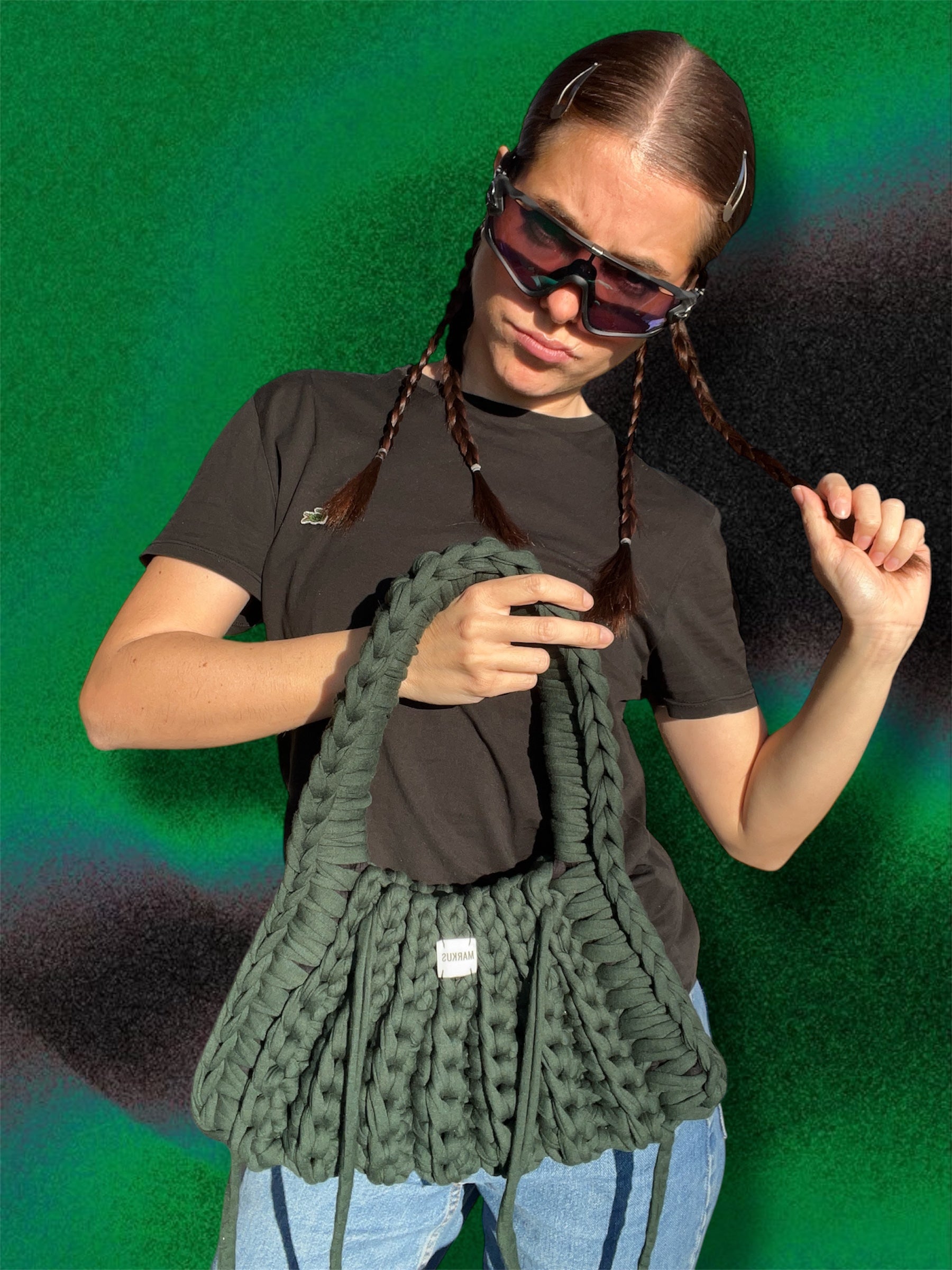 Ranch Chunky Bag - Sac à main crochet tendance avec lanières, style country vert sapin en fils t-shirt recyclé chic et élégant, Markus