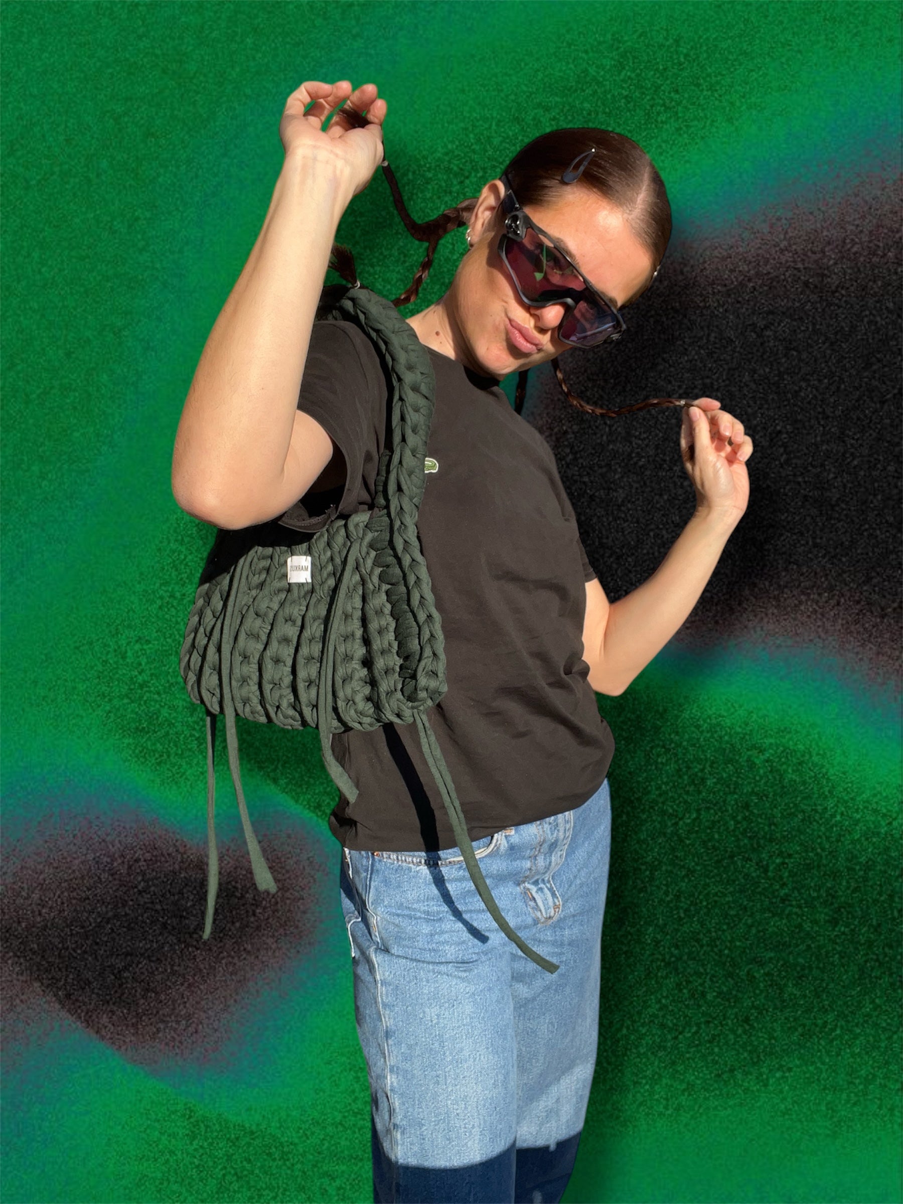 Ranch Chunky Bag - Sac à main crochet tendance avec lanières, style country vert sapin en fils t-shirt recyclé chic et élégant, Markus