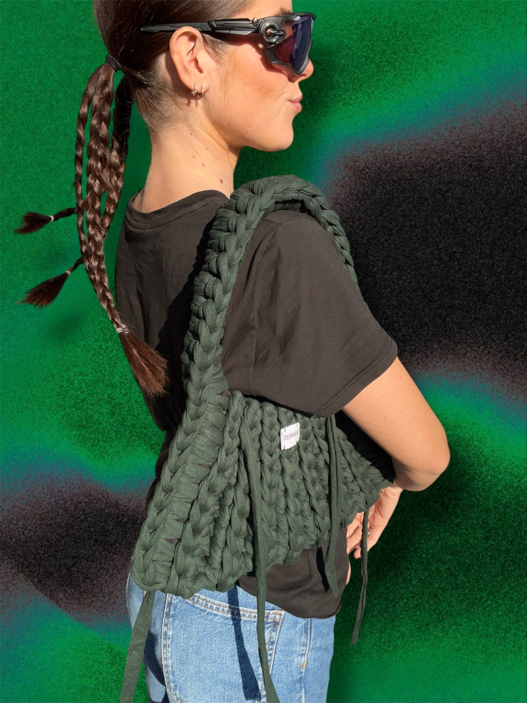 Ranch Chunky Bag - Sac à main crochet tendance avec lanières, style country vert en fils t-shirt recyclé chic et élégant, Markus